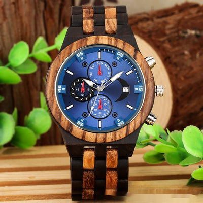 Multi-functional Calendar Full Wood Band Quartz Watch